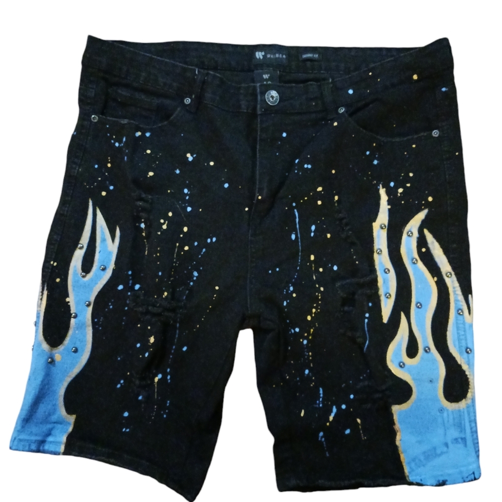WAIMEA Blue Flame shorts.  Mens.  Size 40.  Black denim, blue & yellow.